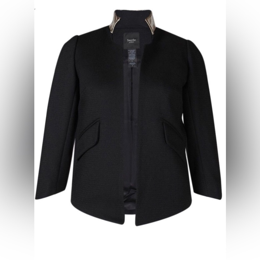 Smythe Les Vestes Black Wool Blazer with Metallic Gold Leather Collar – Size 6